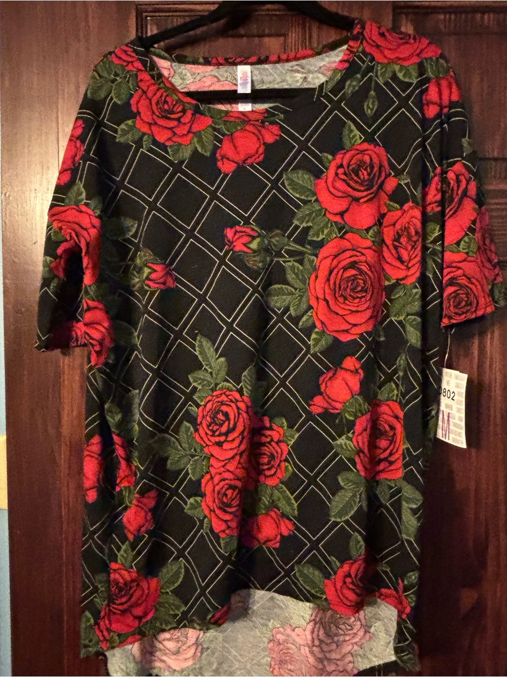 LuLaRoe Black Tunic with Red Roses and Green Leaves
